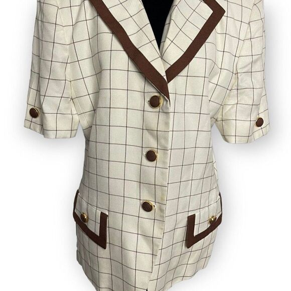 Vintage Kasper  ASL Womens Brown Cream Blazer Blouse Size Large Grid Print Top - Picture 5 of 11